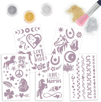 Depesche 12657 Miss Melody Night Horses Children's Kit with 41 Adhesive Tattoos, 1 Brush and 3 Glitter Powders in Silver, White and Gold