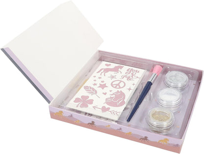 Depesche 12657 Miss Melody Night Horses Children's Kit with 41 Adhesive Tattoos, 1 Brush and 3 Glitter Powders in Silver, White and Gold