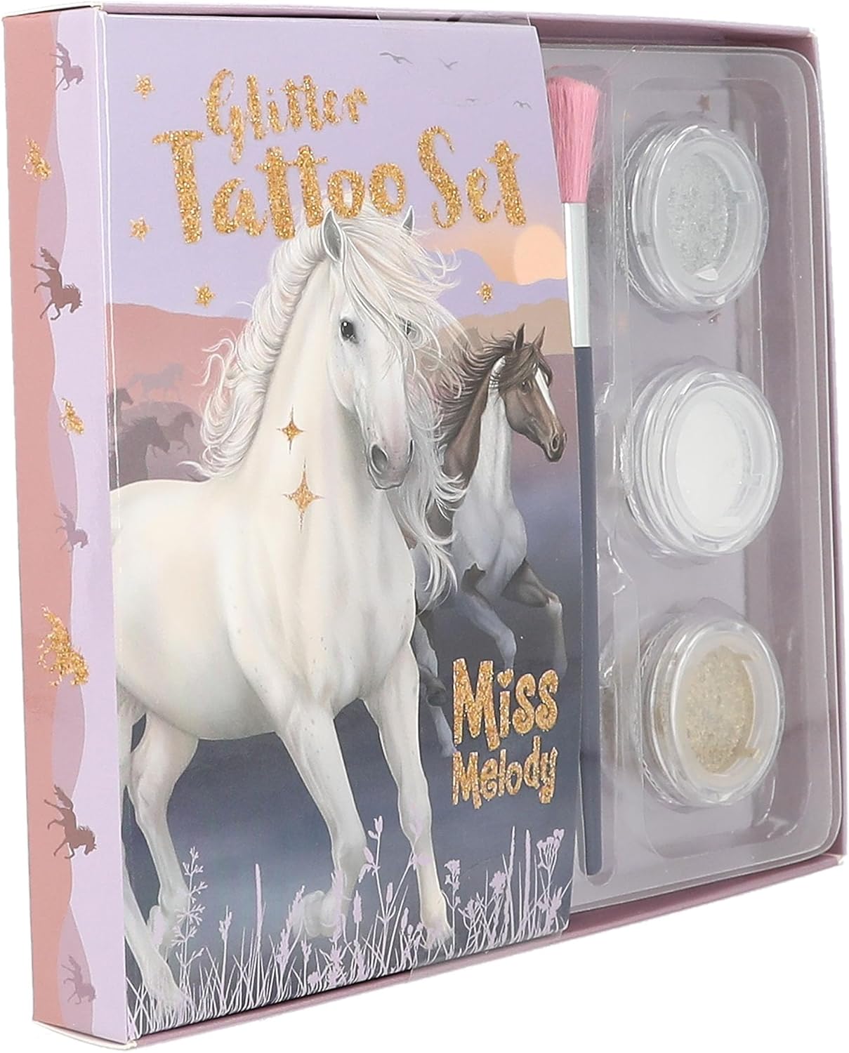 Depesche 12657 Miss Melody Night Horses Children's Kit with 41 Adhesive Tattoos, 1 Brush and 3 Glitter Powders in Silver, White and Gold