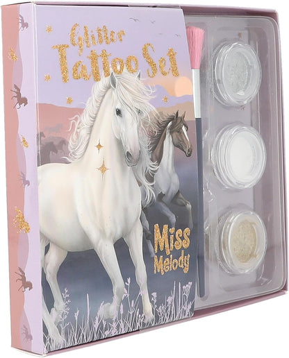 Depesche 12657 Miss Melody Night Horses Children's Kit with 41 Adhesive Tattoos, 1 Brush and 3 Glitter Powders in Silver, White and Gold