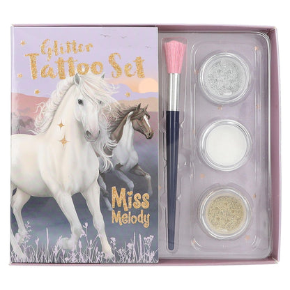 Depesche 12657 Miss Melody Night Horses Children's Kit with 41 Adhesive Tattoos, 1 Brush and 3 Glitter Powders in Silver, White and Gold