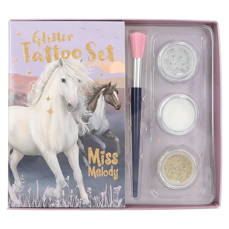 Depesche 12657 Miss Melody Night Horses Children's Kit with 41 Adhesive Tattoos, 1 Brush and 3 Glitter Powders in Silver, White and Gold