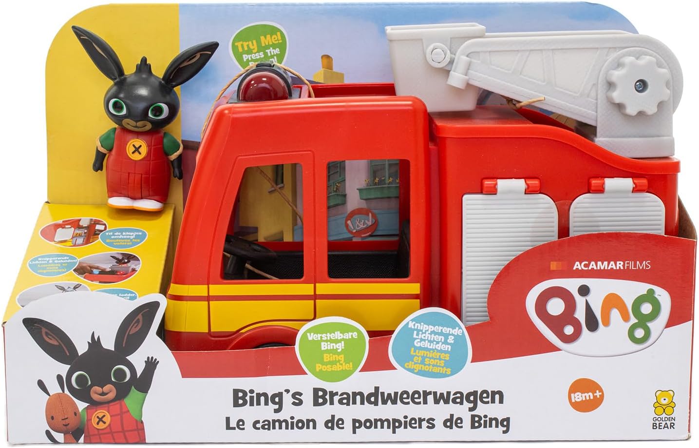 Bing - Bing Brandweerwagen met Licheffecten en Geluiden - Speel de favoriete brandweerscene na uit de serie van Bing - Inclusief speelfiguur van Bing