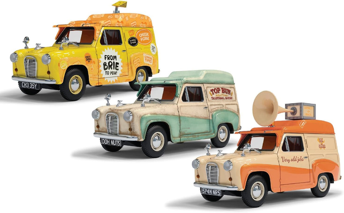 Corgi Hornby Hobbies LTD Cc80505 Wallace and Gromit Austin A35 Van Collection-Cheese Please, Top Bun, Spick and Spanmobile Tv Film Licensed Die-Cast Model, Multi, 1:43 Scale