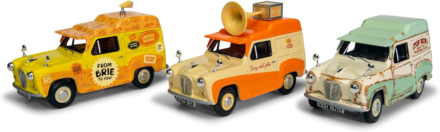 Corgi Hornby Hobbies LTD Cc80505 Wallace and Gromit Austin A35 Van Collection-Cheese Please, Top Bun, Spick and Spanmobile Tv Film Licensed Die-Cast Model, Multi, 1:43 Scale