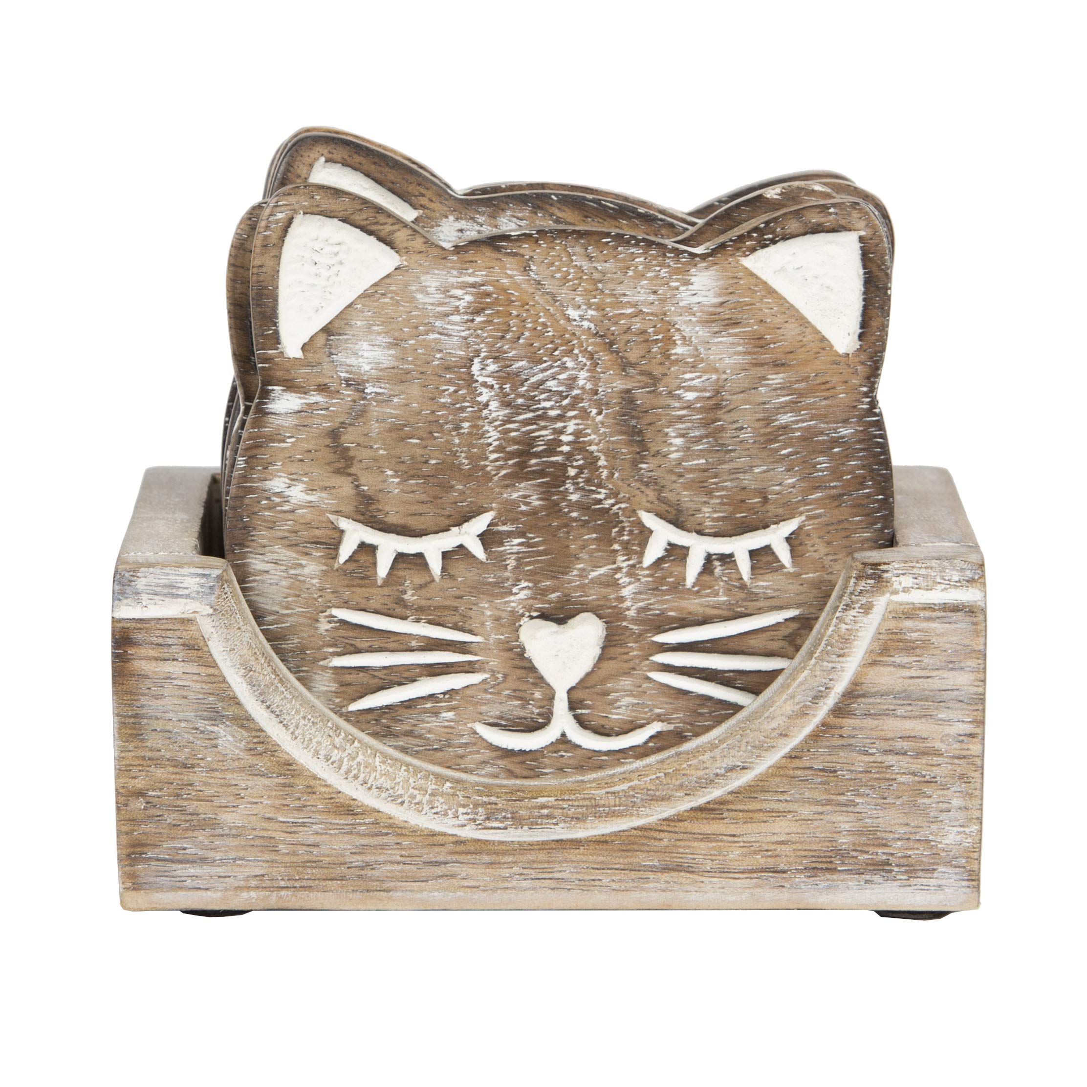Sass & Belle Wooden Brown Carved Cat Coaster - Set of 6