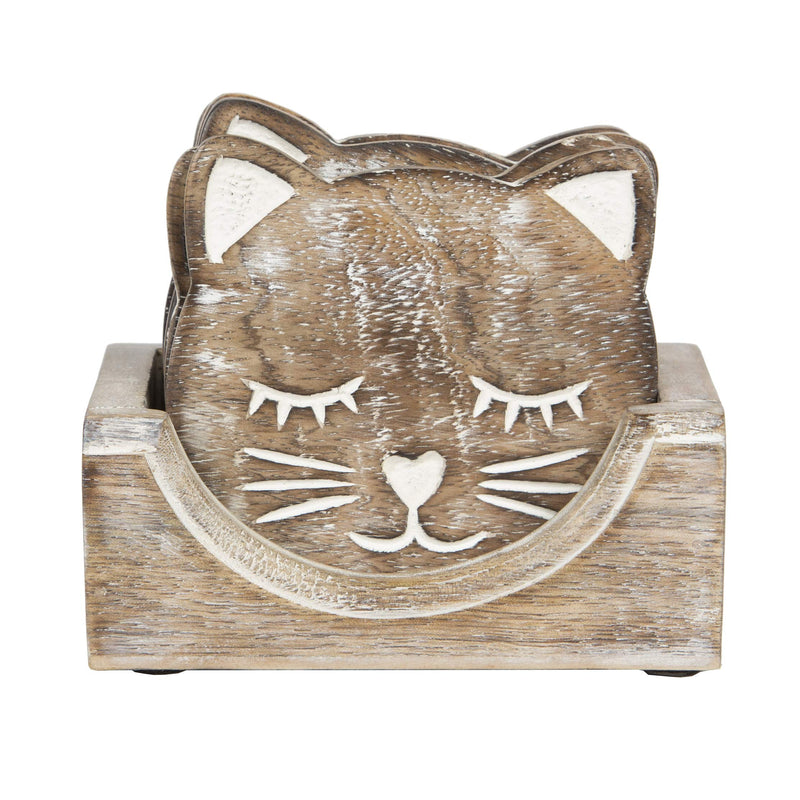 Sass & Belle Wooden Brown Carved Cat Coaster - Set of 6