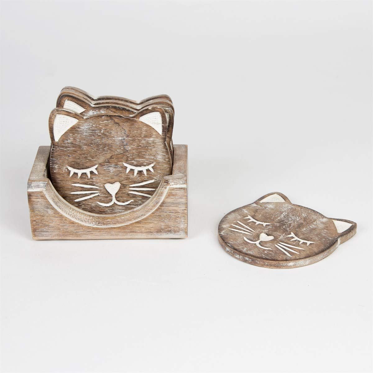 Sass & Belle Wooden Brown Carved Cat Coaster - Set of 6