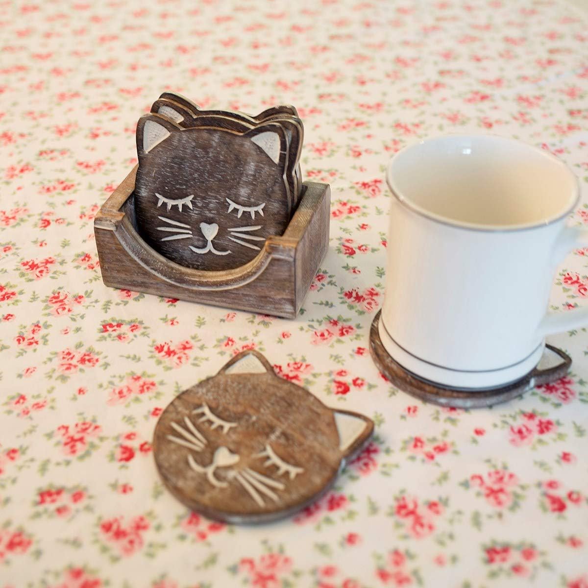 Sass & Belle Wooden Brown Carved Cat Coaster - Set of 6
