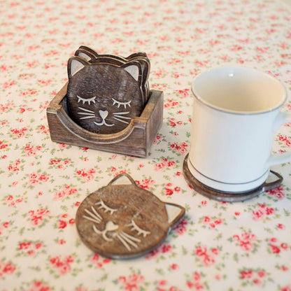 Sass & Belle Wooden Brown Carved Cat Coaster - Set of 6