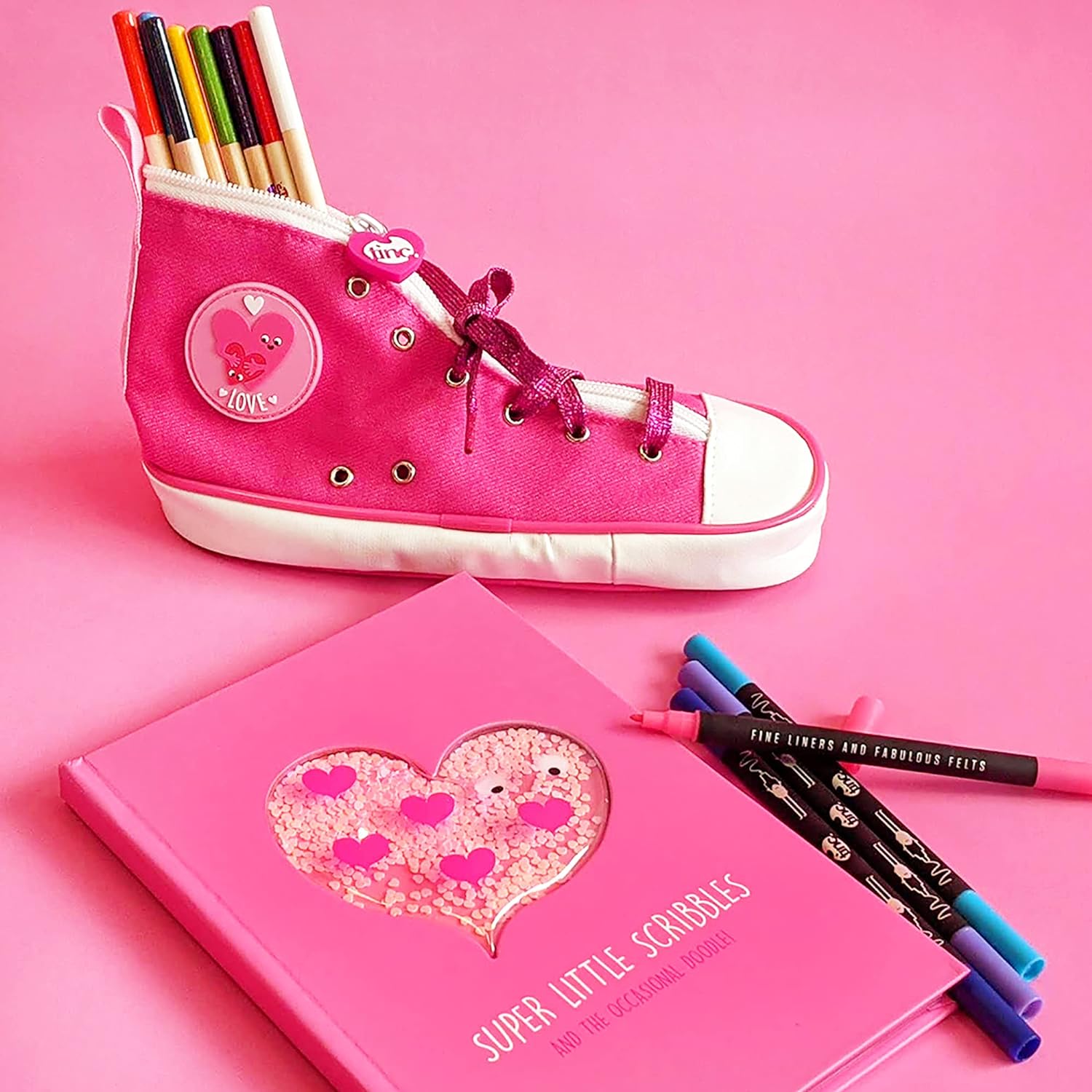 Tinc Kids Notebook for School | Cute Girls Notebook with Heart Design | Pink, HSNBMAPK & Glitterarty Liquid Gel Pens for Kids | Set of 8 Different Glittery Colours with a Fruity Fragrance - Pack of 8 Glitter + Liquid Gel Pens