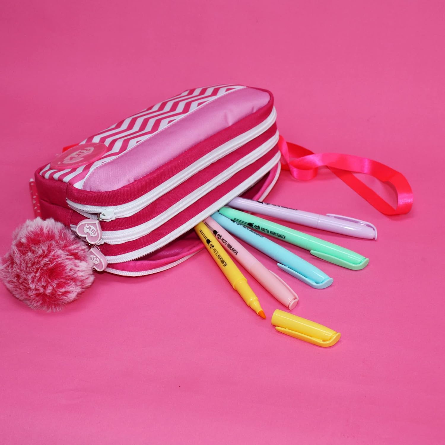 Tinc Triple Zip School Pencil Case - Three Large Pockets Perfect for Stationery Pink
