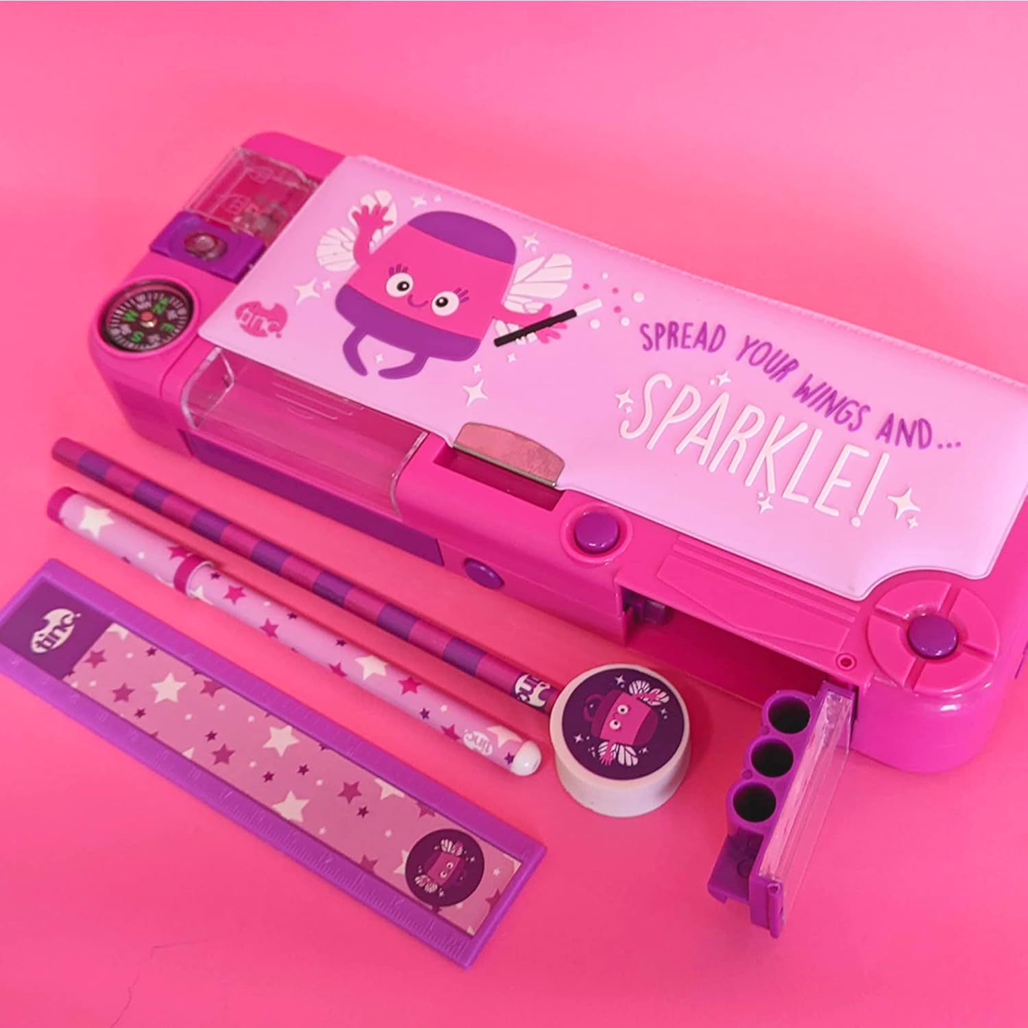 Tinc Pop-Out Compartment School Pencil Case - Purple,Includes Pencil with Eraser Topper, Ballpoint Pen & 15cm Ruler - Secret Compartments with Push Button, One Size (SNPCOOLO)