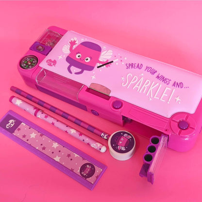 Tinc Pop-Out Compartment School Pencil Case - Purple,Includes Pencil with Eraser Topper, Ballpoint Pen & 15cm Ruler - Secret Compartments with Push Button, One Size (SNPCOOLO)