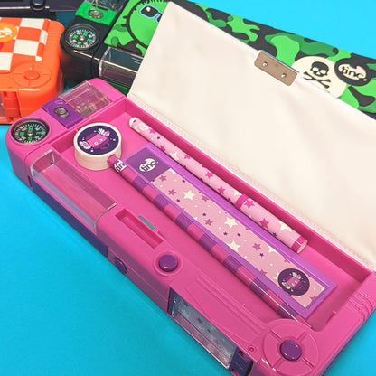 Tinc Pop-Out Compartment School Pencil Case - Purple,Includes Pencil with Eraser Topper, Ballpoint Pen & 15cm Ruler - Secret Compartments with Push Button, One Size (SNPCOOLO)