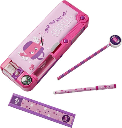 Tinc Pop-Out Compartment School Pencil Case - Purple,Includes Pencil with Eraser Topper, Ballpoint Pen & 15cm Ruler - Secret Compartments with Push Button, One Size (SNPCOOLO)