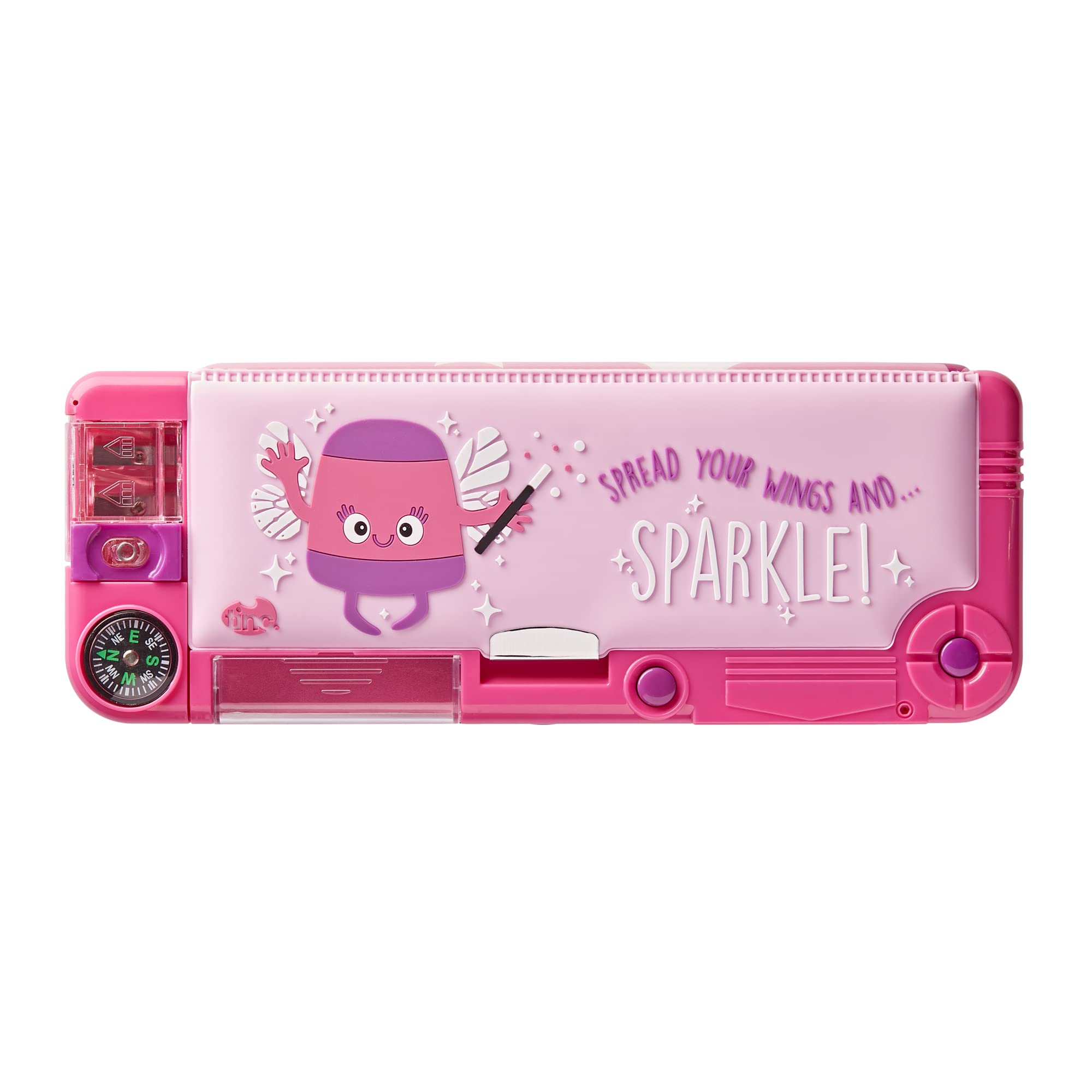 Tinc Pop-Out Compartment School Pencil Case - Purple,Includes Pencil with Eraser Topper, Ballpoint Pen & 15cm Ruler - Secret Compartments with Push Button, One Size (SNPCOOLO)
