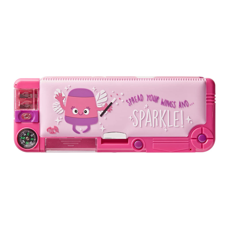 Tinc Pop-Out Compartment School Pencil Case - Purple,Includes Pencil with Eraser Topper, Ballpoint Pen & 15cm Ruler - Secret Compartments with Push Button, One Size (SNPCOOLO)