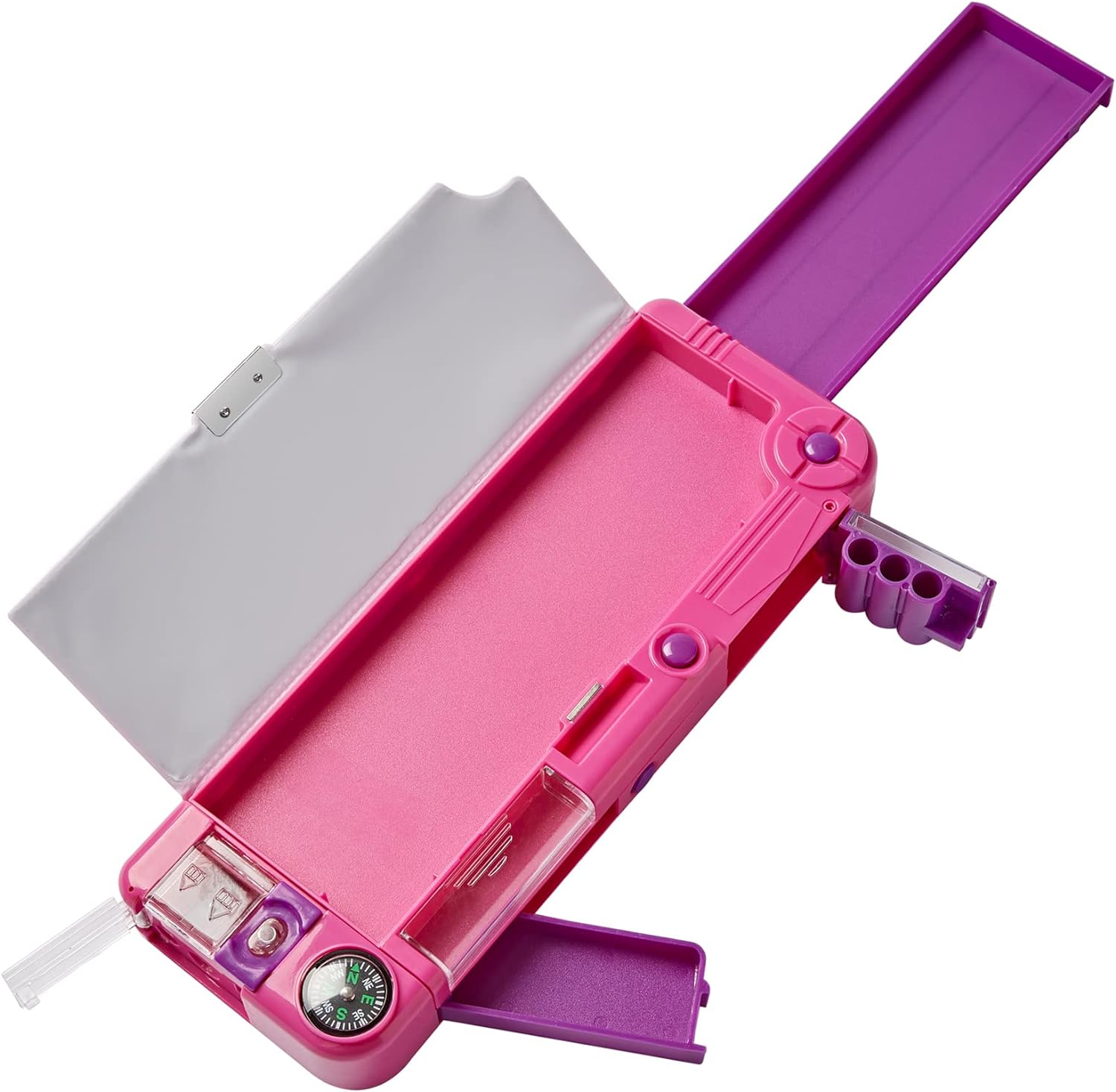 Tinc Pop-Out Compartment School Pencil Case - Purple,Includes Pencil with Eraser Topper, Ballpoint Pen & 15cm Ruler - Secret Compartments with Push Button, One Size (SNPCOOLO)