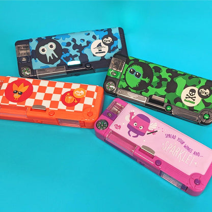 Tinc Pop-Out Compartment School Pencil Case - Purple,Includes Pencil with Eraser Topper, Ballpoint Pen & 15cm Ruler - Secret Compartments with Push Button, One Size (SNPCOOLO)