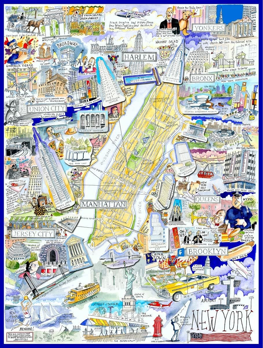 New York Jigsaw Puzzle - Tim Bulmers Comical Map Of New York - Jigsaw Puzzle For Adults 1000 Piece - New York City Landmarks, Statue Of Liberty, Brooklyn, Manhatten, Gift, Home Decor 66cm X 50cm… Stan