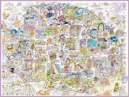 Comical Map Of Norfolk By Tim Bulmer - 1000 Piece Puzzle For Adults, Large Puzzle 66cm X 50cm In Size. Challenging To Complete But Fun And Humorous