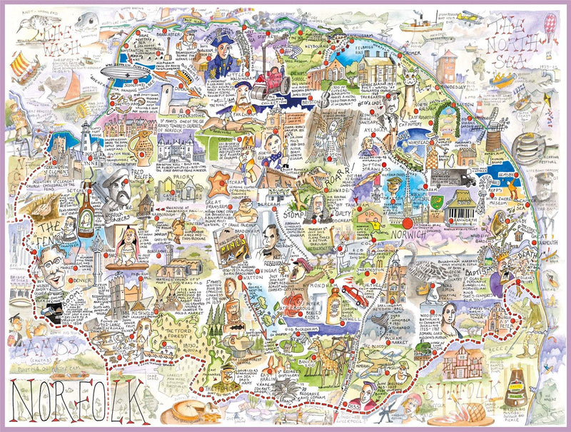 Comical Map Of Norfolk By Tim Bulmer - 1000 Piece Puzzle For Adults, Large Puzzle 66cm X 50cm In Size. Challenging To Complete But Fun And Humorous