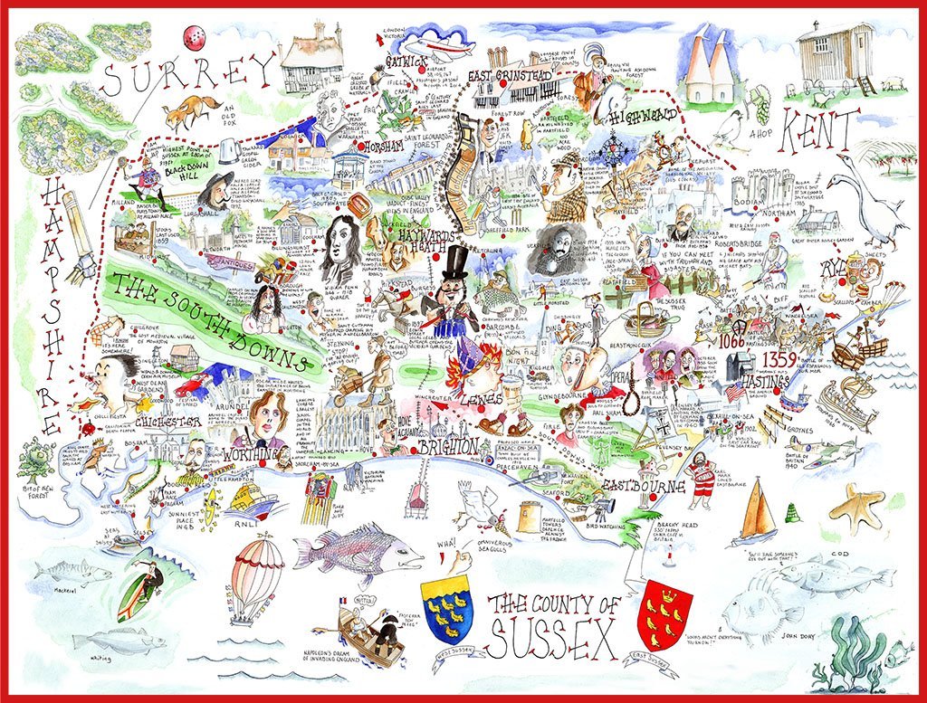 Comical Map Of Sussex By Tim Bulmer - 1000 Piece Puzzle For Adults, Large Puzzle 66cm X 50cm In Size. Challenging To Complete But Fun And Humorous