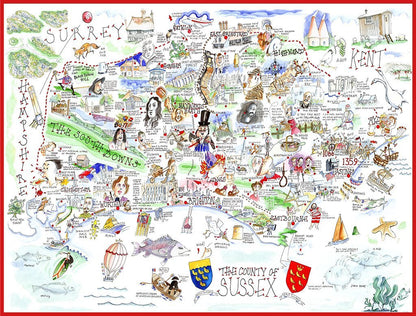 Comical Map Of Sussex By Tim Bulmer - 1000 Piece Puzzle For Adults, Large Puzzle 66cm X 50cm In Size. Challenging To Complete But Fun And Humorous