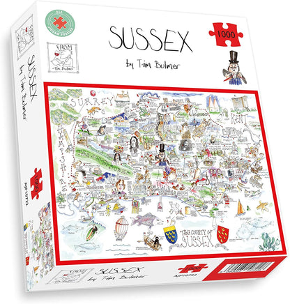 Comical Map Of Sussex By Tim Bulmer - 1000 Piece Puzzle For Adults, Large Puzzle 66cm X 50cm In Size. Challenging To Complete But Fun And Humorous