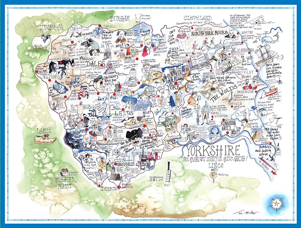 Comical Map Of Yorkshire, Artwork By Tim Bulmer - 1000 Piece Puzzle For Adults, Large Puzzle 66cm X 50cm In Size. Challenging To Complete But Fun And Humorous. Makes A Great Gift For Birthdays