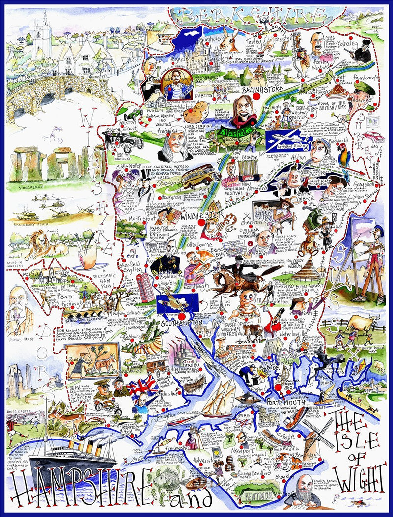 1000 Piece Puzzle For Adults - Comical Map Of Hampshire By Tim Bulmer - Large Puzzle 66cm X 50cm In Size. Challenging To Complete But Fun And Humorous