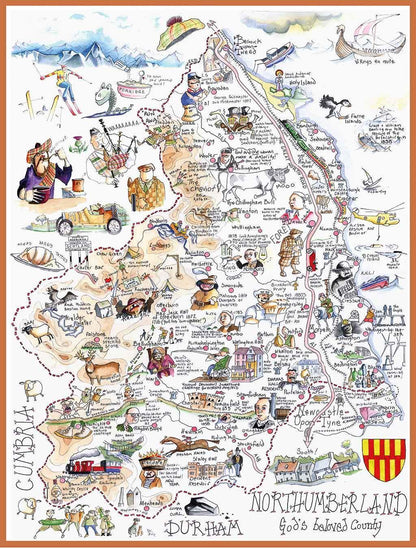 Comical Map Of Northumberland, Artwork By Tim Bulmer - 1000 Piece Puzzle For Adults, Large Puzzle 66cm X 50cm In Size. Challenging To Complete But Fun And Humorous. Makes A Great Gift For Birthdays