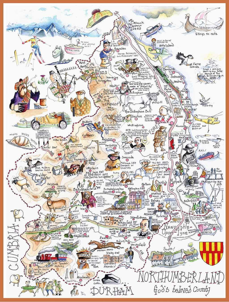Comical Map Of Northumberland, Artwork By Tim Bulmer - 1000 Piece Puzzle For Adults, Large Puzzle 66cm X 50cm In Size. Challenging To Complete But Fun And Humorous. Makes A Great Gift For Birthdays
