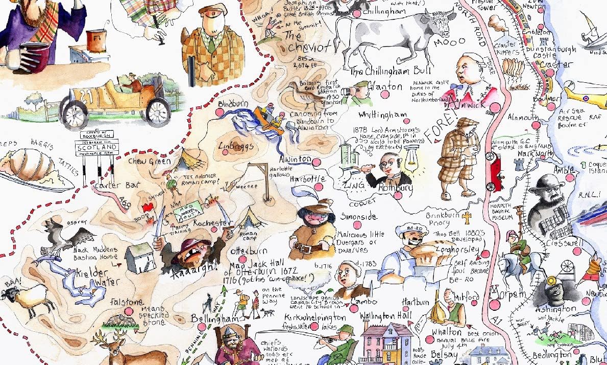 Comical Map Of Northumberland, Artwork By Tim Bulmer - 1000 Piece Puzzle For Adults, Large Puzzle 66cm X 50cm In Size. Challenging To Complete But Fun And Humorous. Makes A Great Gift For Birthdays