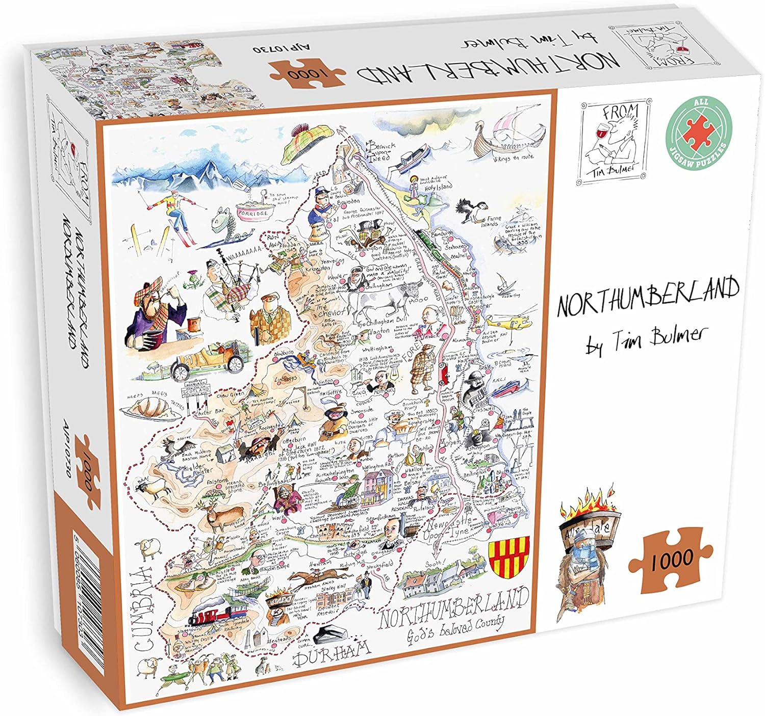 Comical Map Of Northumberland, Artwork By Tim Bulmer - 1000 Piece Puzzle For Adults, Large Puzzle 66cm X 50cm In Size. Challenging To Complete But Fun And Humorous. Makes A Great Gift For Birthdays