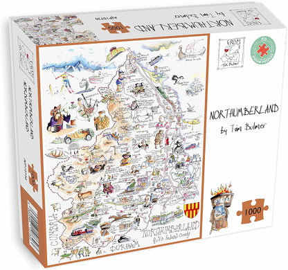 Comical Map Of Northumberland, Artwork By Tim Bulmer - 1000 Piece Puzzle For Adults, Large Puzzle 66cm X 50cm In Size. Challenging To Complete But Fun And Humorous. Makes A Great Gift For Birthdays