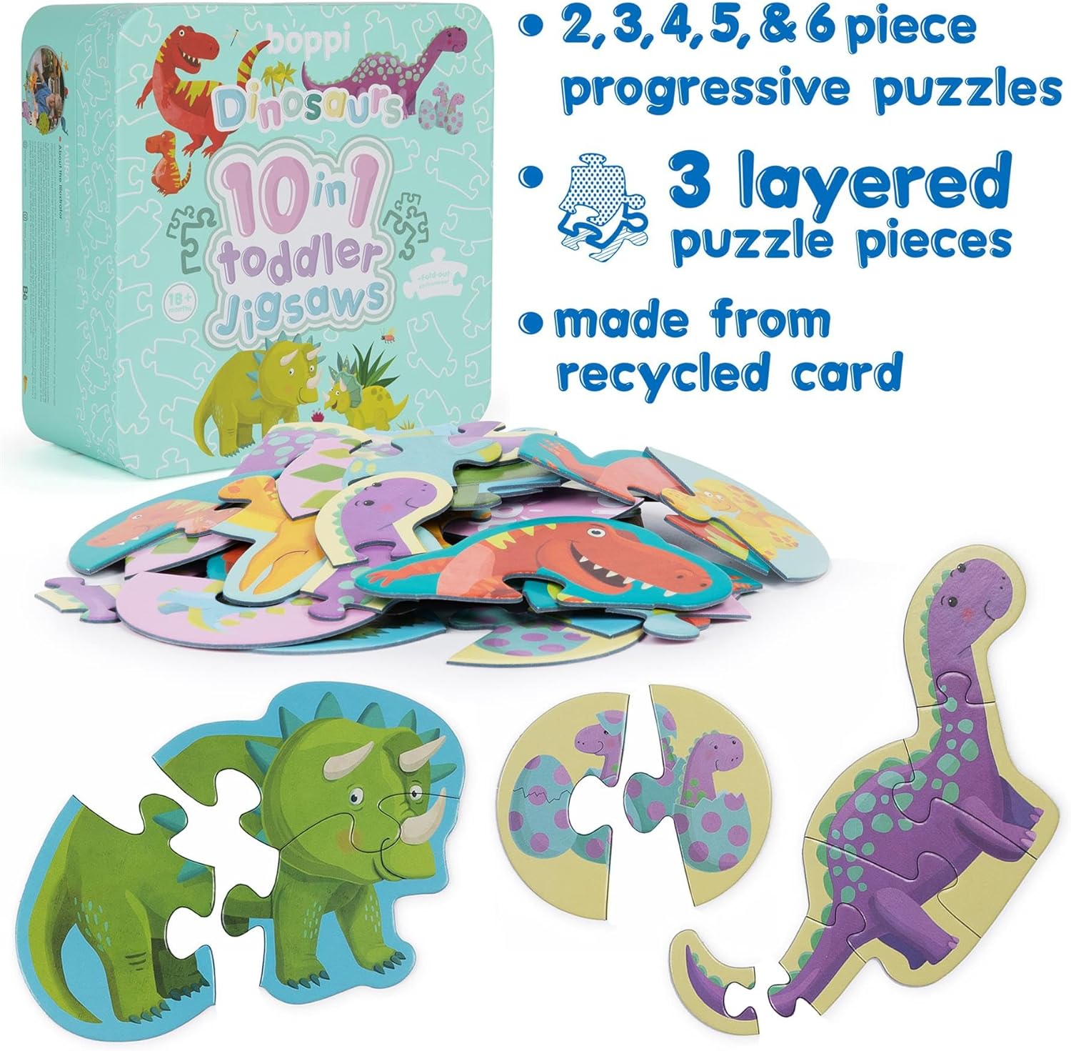 10 Puzzles in 1 Premium Progressive Jigsaw Puzzles for Toddlers 18 Months Plus With Gift Box - Dinosaur Toddler Puzzles/Child Development Toys - Dinosaur Puzzle by boppi - 100% Recycled Card Dinosaurs