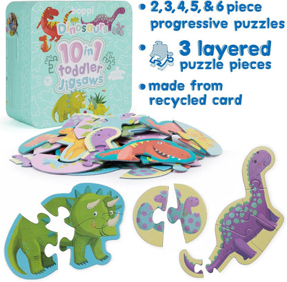 10 Puzzles in 1 Premium Progressive Jigsaw Puzzles for Toddlers 18 Months Plus With Gift Box - Dinosaur Toddler Puzzles/Child Development Toys - Dinosaur Puzzle by boppi - 100% Recycled Card Dinosaurs