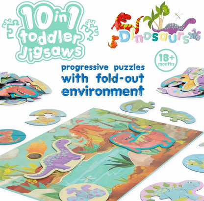 10 Puzzles in 1 Premium Progressive Jigsaw Puzzles for Toddlers 18 Months Plus With Gift Box - Dinosaur Toddler Puzzles/Child Development Toys - Dinosaur Puzzle by boppi - 100% Recycled Card Dinosaurs