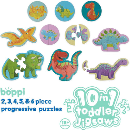 10 Puzzles in 1 Premium Progressive Jigsaw Puzzles for Toddlers 18 Months Plus With Gift Box - Dinosaur Toddler Puzzles/Child Development Toys - Dinosaur Puzzle by boppi - 100% Recycled Card Dinosaurs