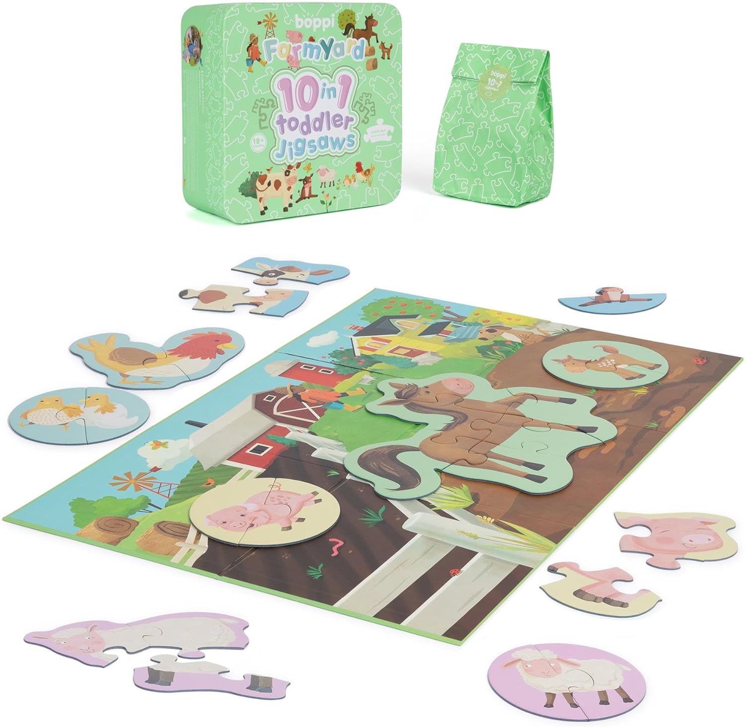 10 Puzzles in 1 Premium Progressive Jigsaw Puzzles for Toddlers 18 Months Plus With Gift Box - Farmyard Animal Toddler Puzzles/Development Toys - Farm Animal Puzzle by boppi - 100% Recycled Card