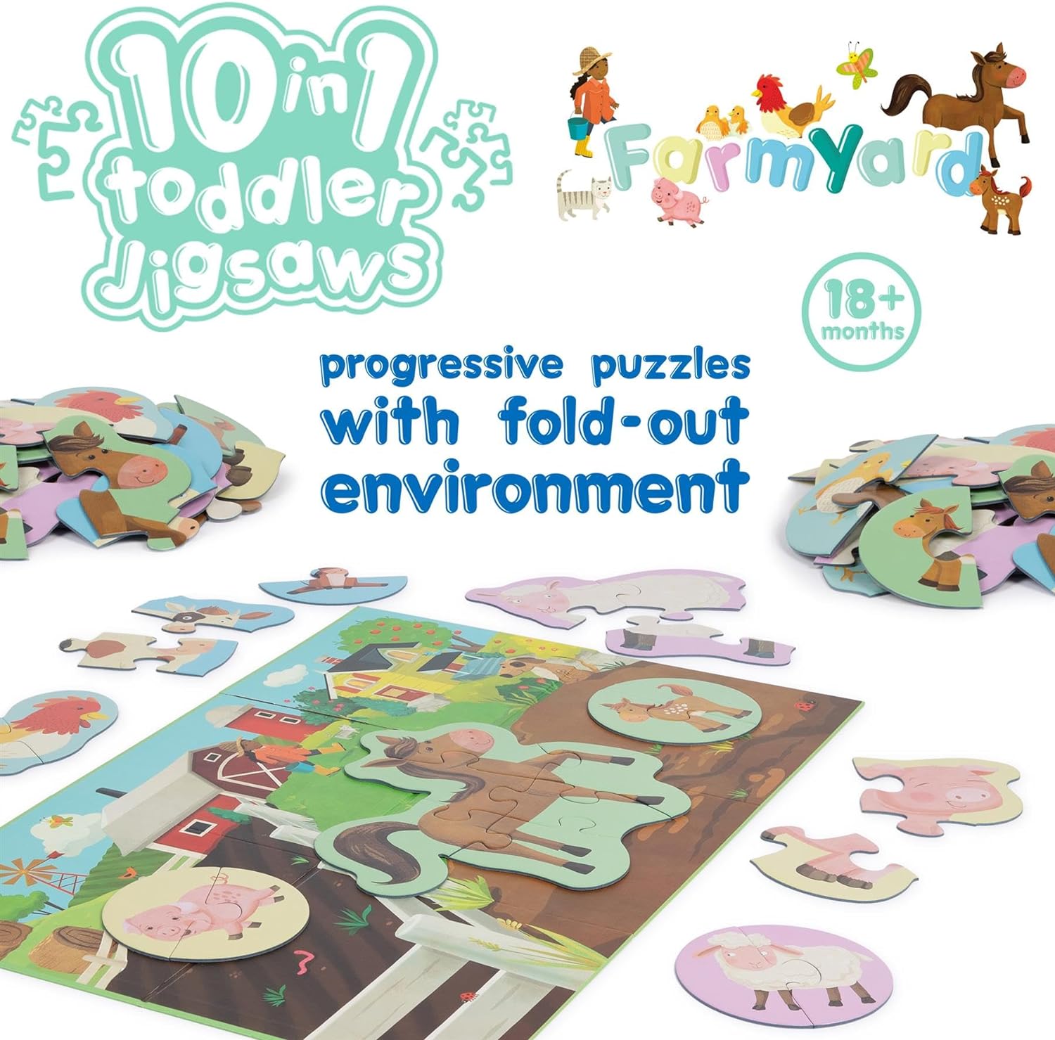 10 Puzzles in 1 Premium Progressive Jigsaw Puzzles for Toddlers 18 Months Plus With Gift Box - Farmyard Animal Toddler Puzzles/Development Toys - Farm Animal Puzzle by boppi - 100% Recycled Card