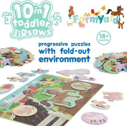 10 Puzzles in 1 Premium Progressive Jigsaw Puzzles for Toddlers 18 Months Plus With Gift Box - Farmyard Animal Toddler Puzzles/Development Toys - Farm Animal Puzzle by boppi - 100% Recycled Card
