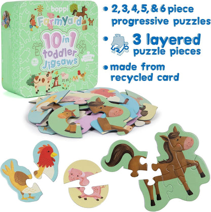10 Puzzles in 1 Premium Progressive Jigsaw Puzzles for Toddlers 18 Months Plus With Gift Box - Farmyard Animal Toddler Puzzles/Development Toys - Farm Animal Puzzle by boppi - 100% Recycled Card