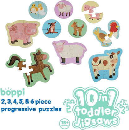 10 Puzzles in 1 Premium Progressive Jigsaw Puzzles for Toddlers 18 Months Plus With Gift Box - Farmyard Animal Toddler Puzzles/Development Toys - Farm Animal Puzzle by boppi - 100% Recycled Card