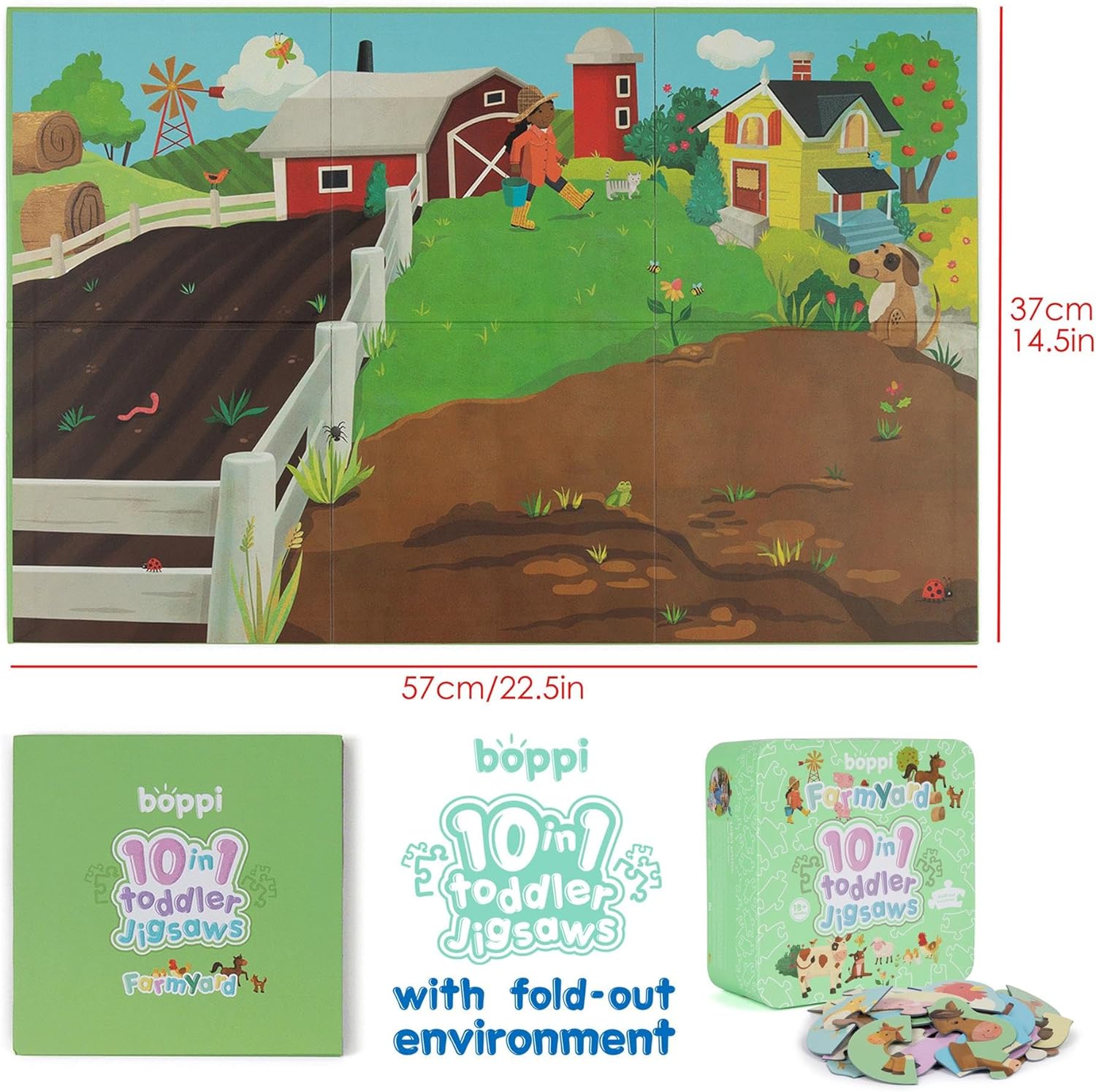 10 Puzzles in 1 Premium Progressive Jigsaw Puzzles for Toddlers 18 Months Plus With Gift Box - Farmyard Animal Toddler Puzzles/Development Toys - Farm Animal Puzzle by boppi - 100% Recycled Card