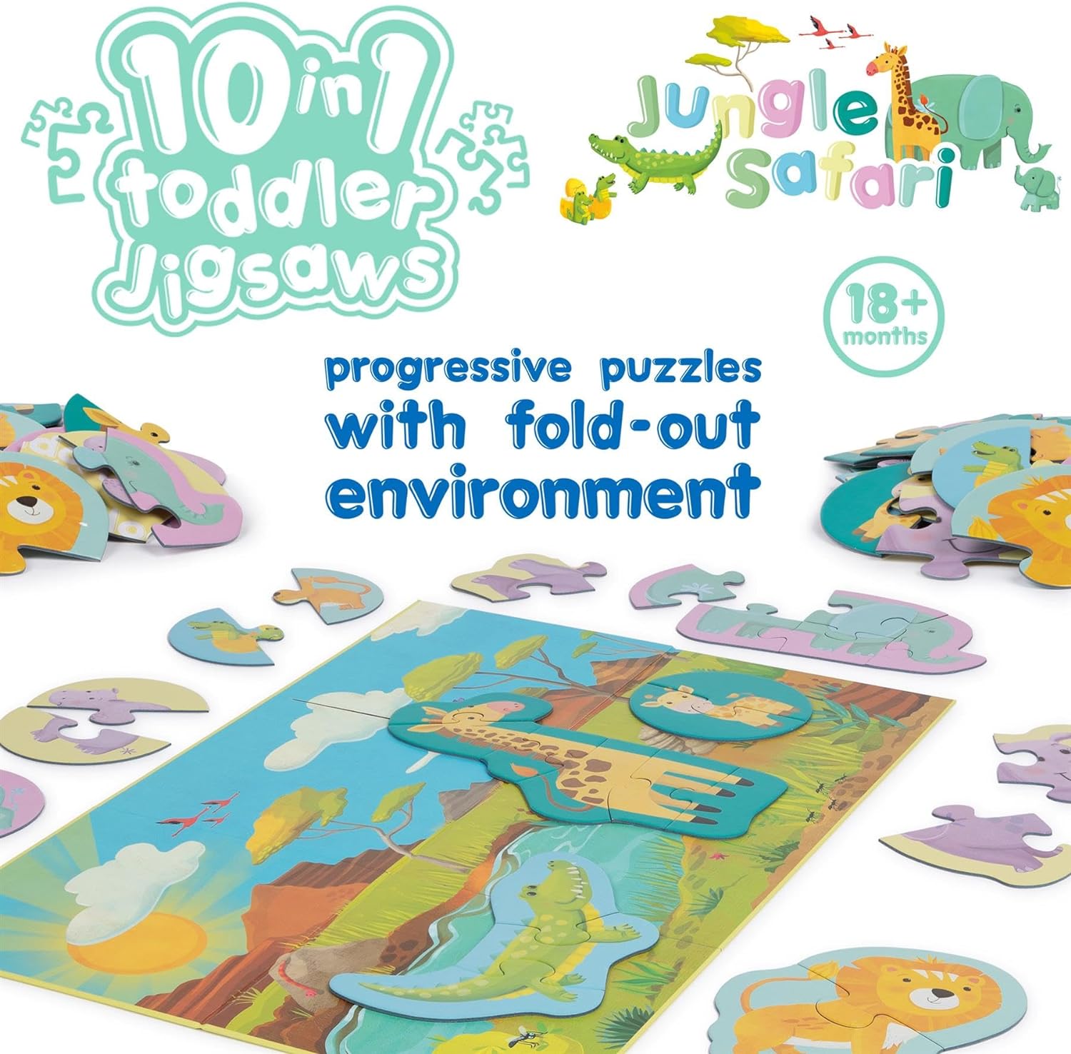10 Puzzles in 1 Premium Progressive Jigsaw Puzzles for Toddlers 18 Months Plus With Gift Box - Jungle Animal Toddler Puzzles/Development Toys - Jungle Safari Puzzle by boppi - 100% Recycled Card