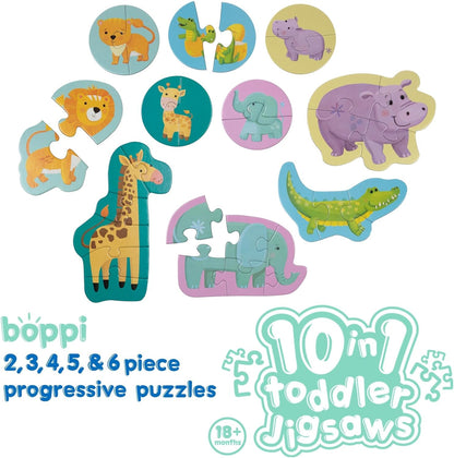 10 Puzzles in 1 Premium Progressive Jigsaw Puzzles for Toddlers 18 Months Plus With Gift Box - Jungle Animal Toddler Puzzles/Development Toys - Jungle Safari Puzzle by boppi - 100% Recycled Card