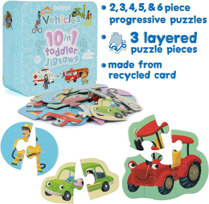 10 Puzzles in 1 Premium Progressive Jigsaw Puzzles for Toddlers 18 Months Plus With Gift Box - Vehicles Puzzles for Toddlers/Child Development Toys - Car Puzzles by boppi - 100% Recycled Card